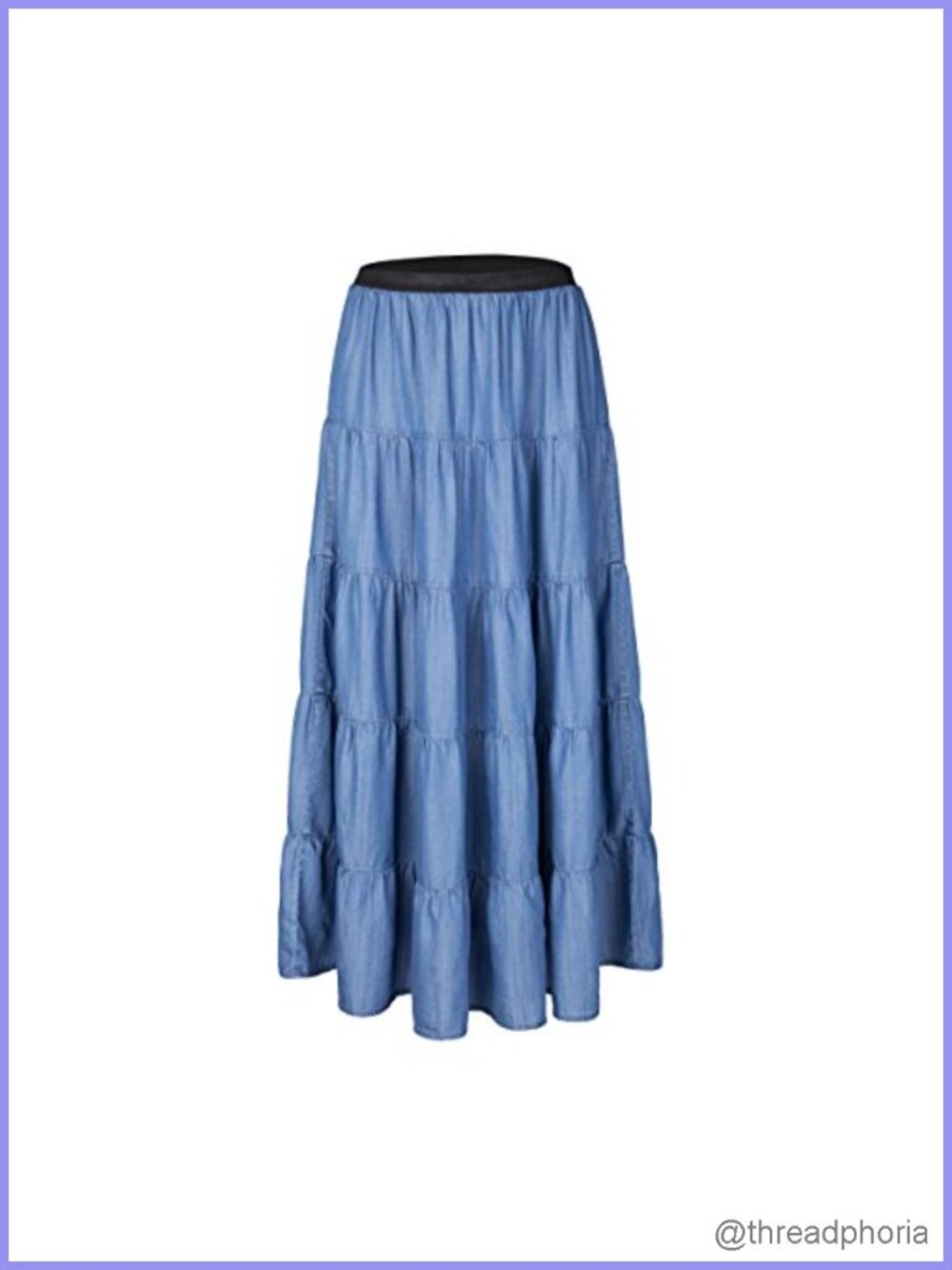 Tronjori A-Line Tiered Maxi Skirt Lightweight Tencel Denim Elastic Waist